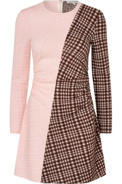 Discount Stine Goya 2118 Checkered Jersey, Ruched Waist Short Dresssg-aw25-d157-2118 Brown And Pink Checks