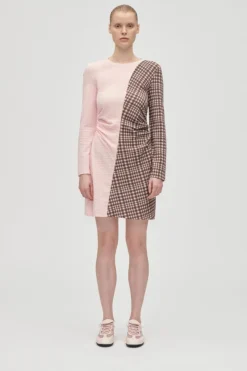 Discount Stine Goya 2118 Checkered Jersey, Ruched Waist Short Dresssg-aw25-d157-2118 Brown And Pink Checks