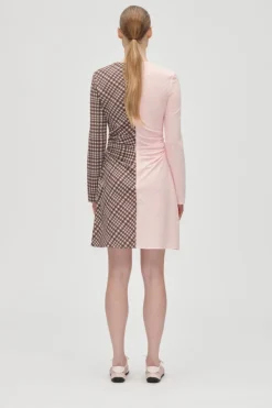 Discount Stine Goya 2118 Checkered Jersey, Ruched Waist Short Dresssg-aw25-d157-2118 Brown And Pink Checks