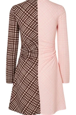 Discount Stine Goya 2118 Checkered Jersey, Ruched Waist Short Dresssg-aw25-d157-2118 Brown And Pink Checks
