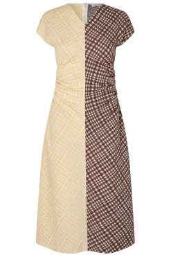 Clearance Stine Goya 2118 Checkered Jersey, Ruched Waist Midi Dresssg-aw25-d156-2118 Brown And Yellow Checks