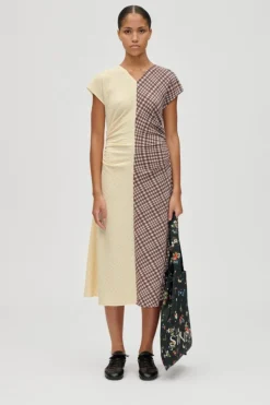 Clearance Stine Goya 2118 Checkered Jersey, Ruched Waist Midi Dresssg-aw25-d156-2118 Brown And Yellow Checks