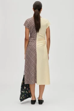 Clearance Stine Goya 2118 Checkered Jersey, Ruched Waist Midi Dresssg-aw25-d156-2118 Brown And Yellow Checks