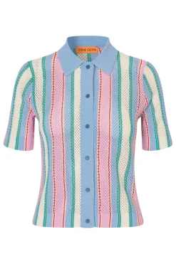 Clearance Stine Goya 2100 Tricot Knit, Short Sleeve Crochet Polosg-pf25-k038-2100 Pastel Stripes