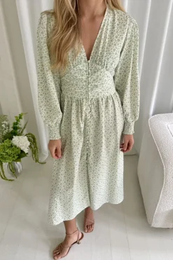 Online BYIC Adelic Long Dress gfsp Green Flower Stem Print