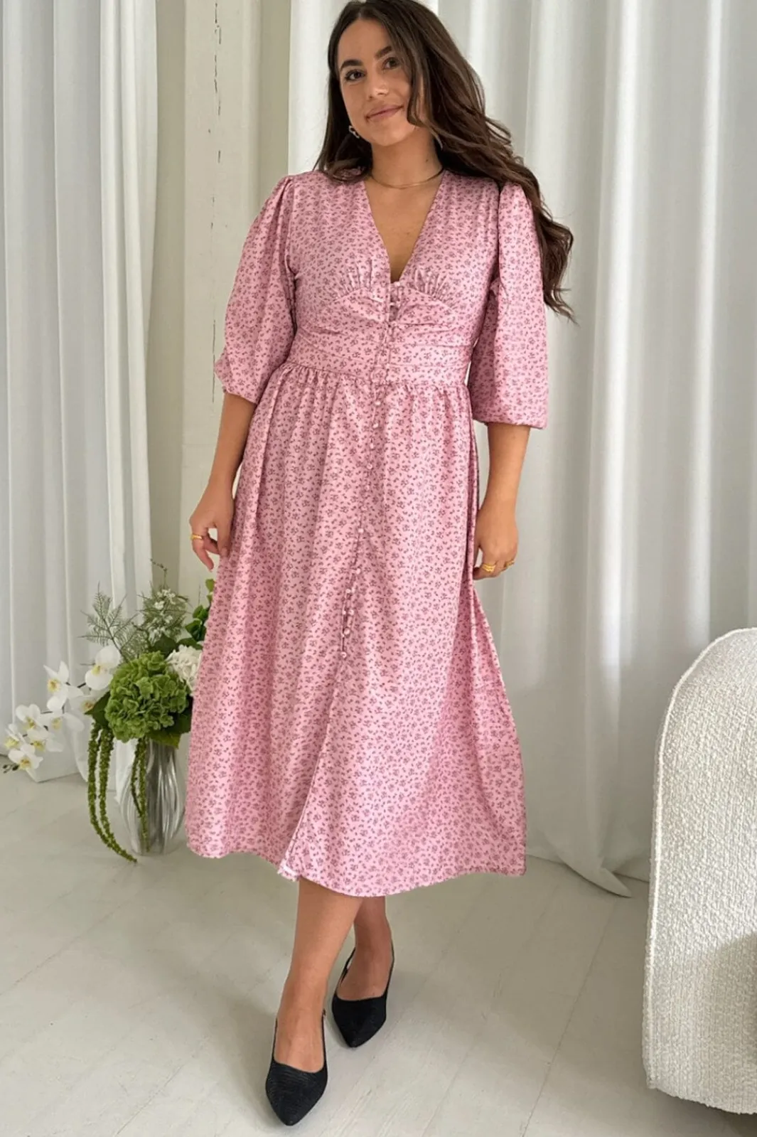 Outlet BYIC Adelic Long Dress pfsp Pink Flower Stem Print