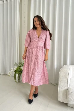 Outlet BYIC Adelic Long Dress pfsp Pink Flower Stem Print