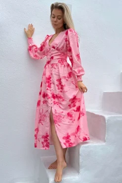 BYIC Adelic Long Dress apfp Abstract Pink Flower Print