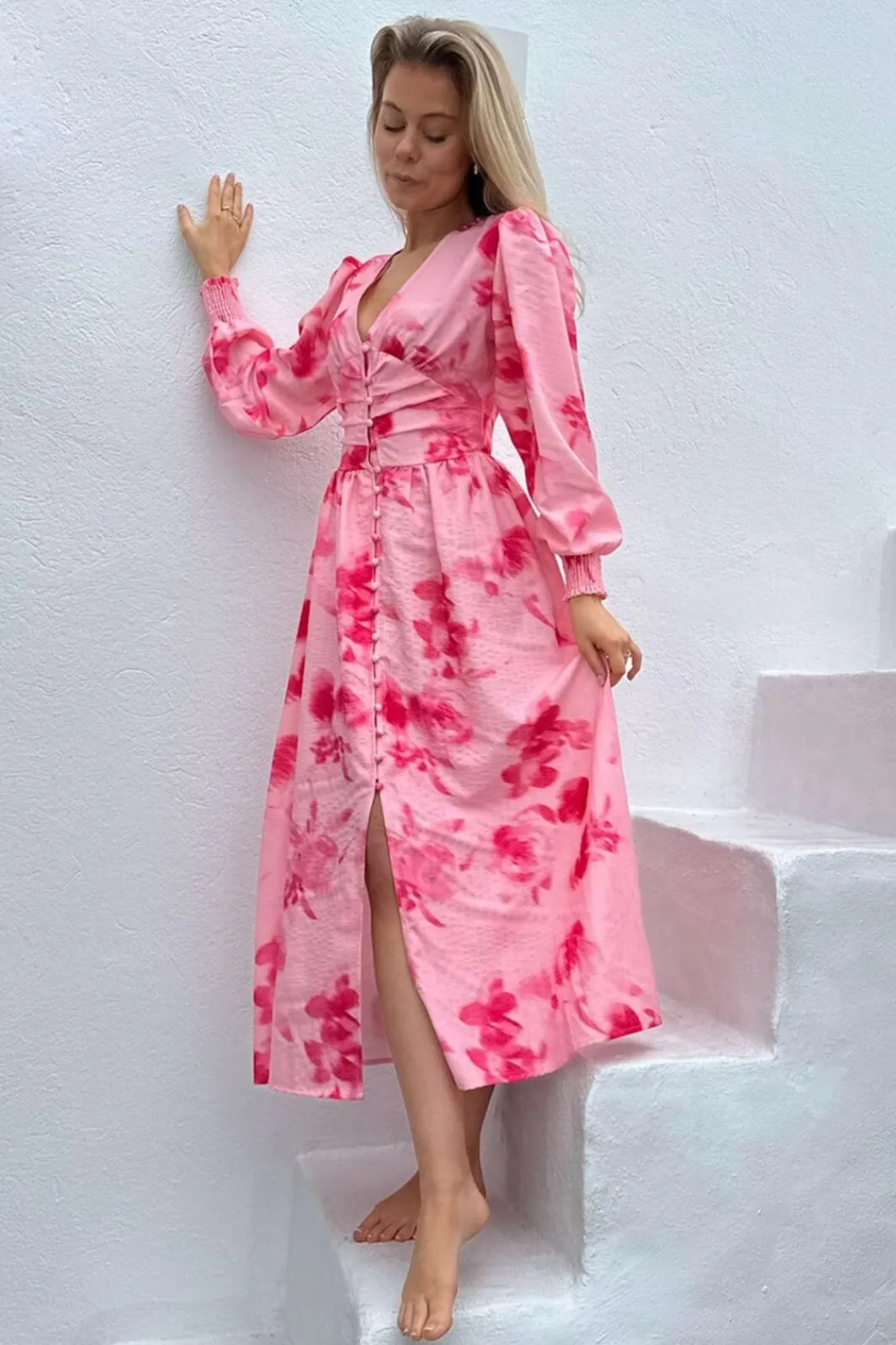 BYIC Adelic Long Dress apfp Abstract Pink Flower Print