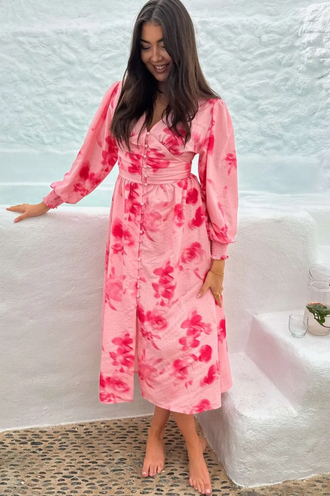 BYIC Adelic Long Dress apfp Abstract Pink Flower Print