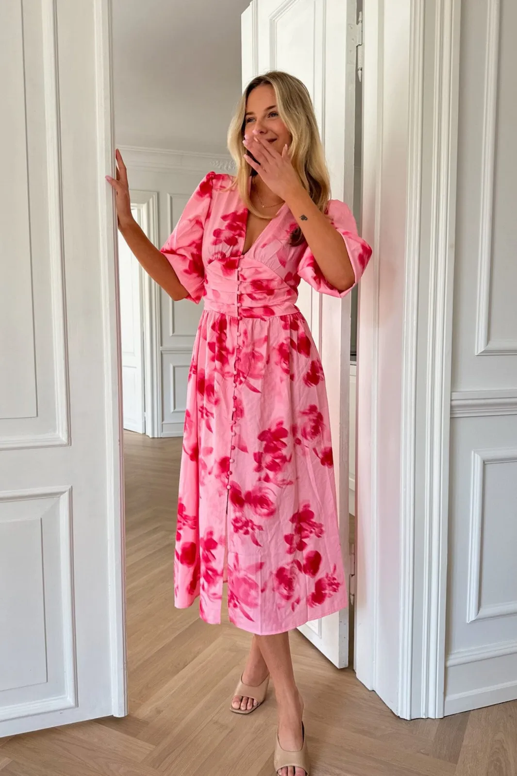 BYIC Adelic Long Dress apfp Abstract Pink Flower Print