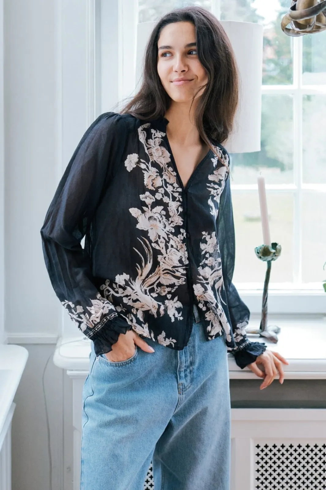 Hot Neo Noir Brise Printed Voile Blouse Navy