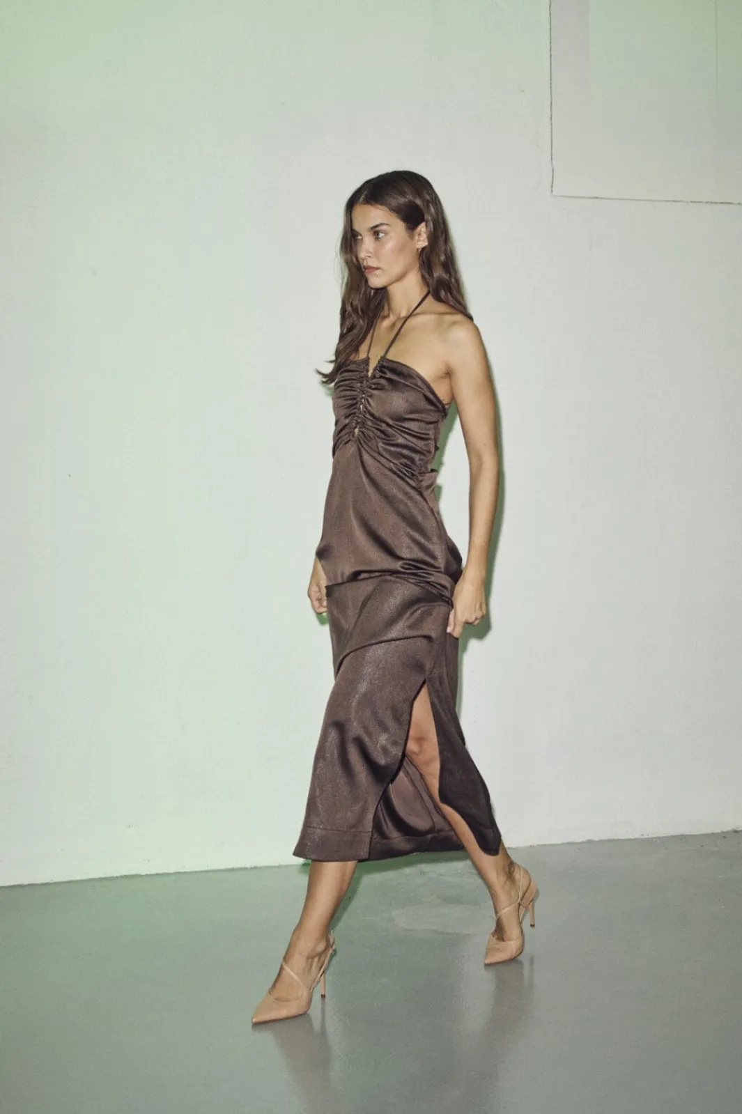 Hot Haute L'Amitié Chrisse Tie Slit Dress HL10103 Mocca