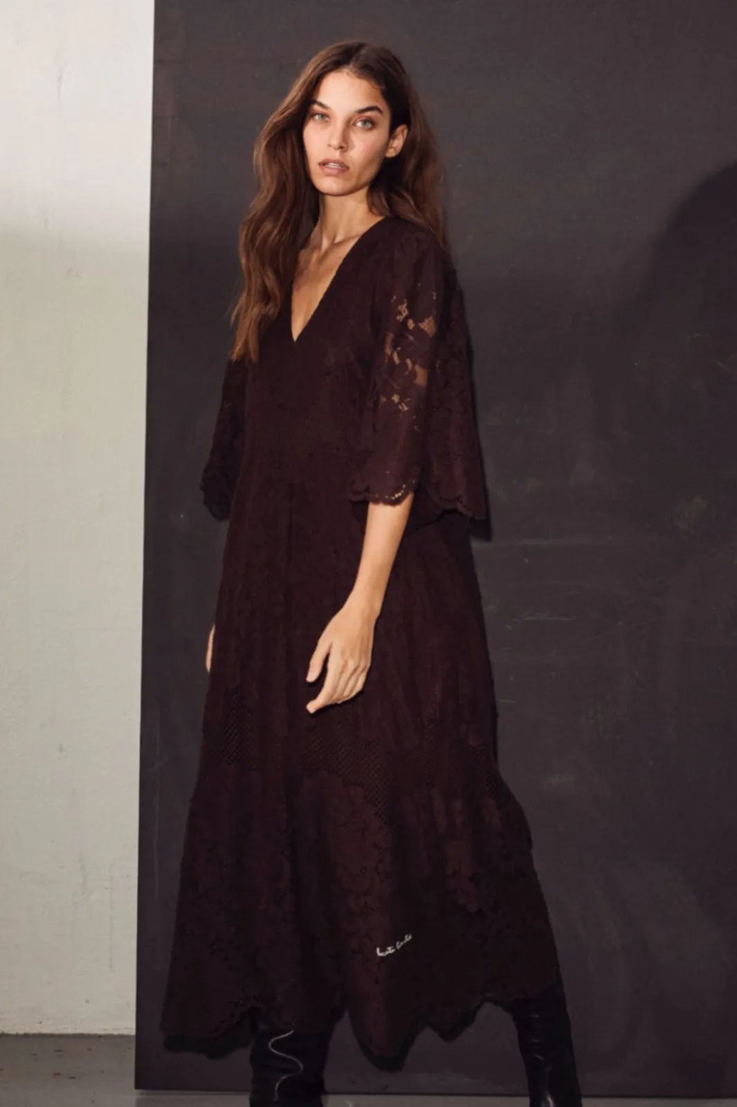 Online Haute L'Amitié Curvey Lace Hem Dress HL10009 Mocca