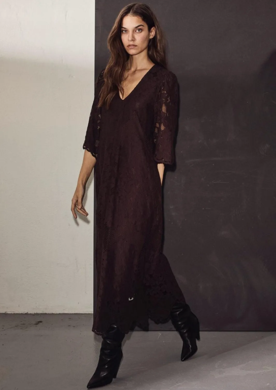 Online Haute L'Amitié Curvey Lace Hem Dress HL10009 Mocca