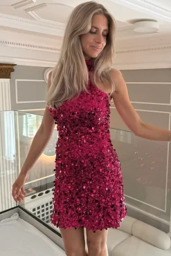 New BYIC Emilyic Mini Dress A23997 Fuchsia Pink Sequin