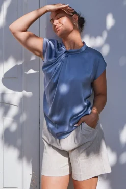 Sale Neo Noir Fleur Drapy Satin Blouse Dusty Blue