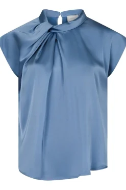 Sale Neo Noir Fleur Drapy Satin Blouse Dusty Blue