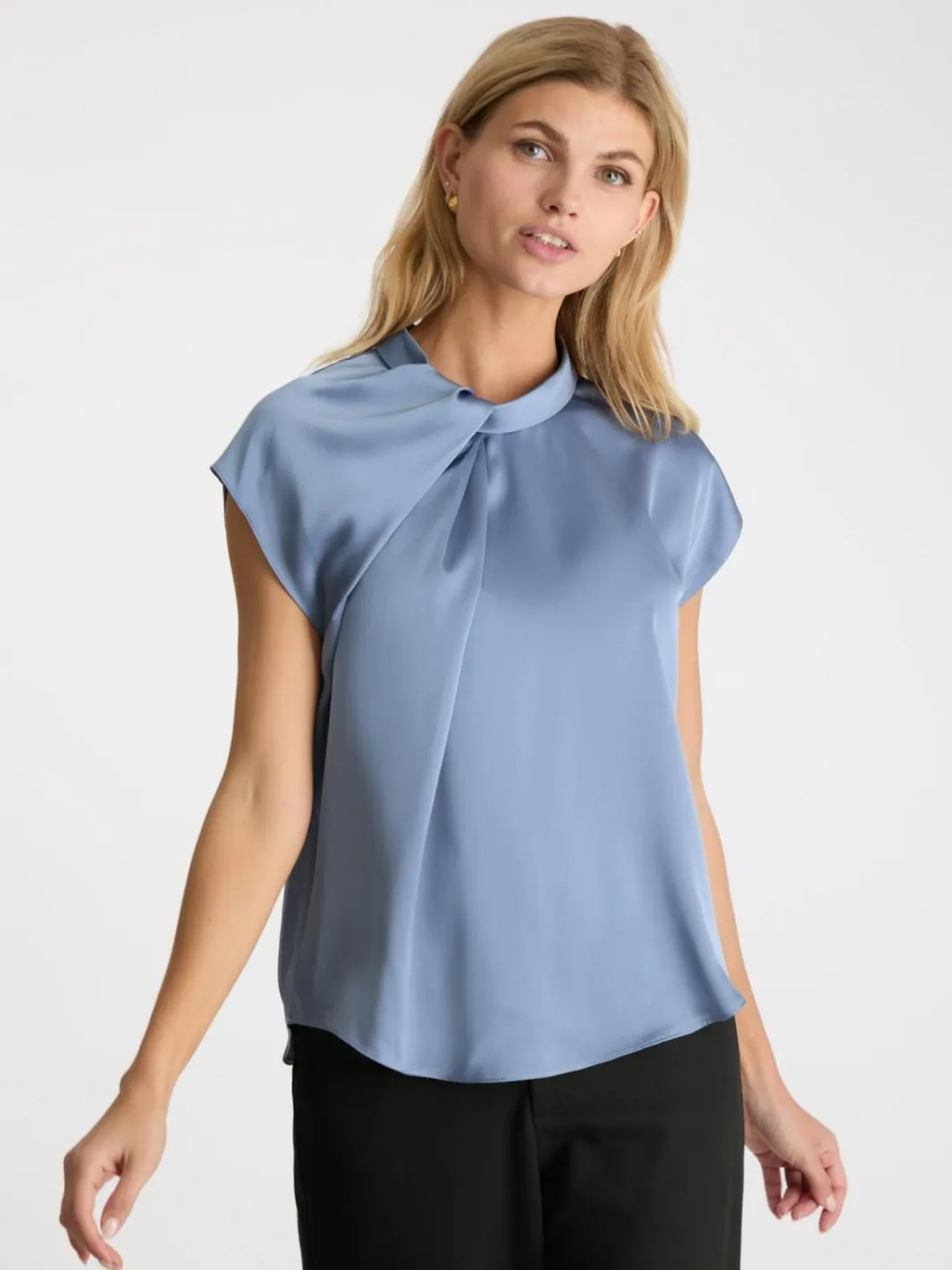 Sale Neo Noir Fleur Drapy Satin Blouse Dusty Blue