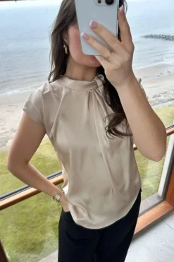 Best Neo Noir Fleur Drapy Satin Blouse Dark Sand
