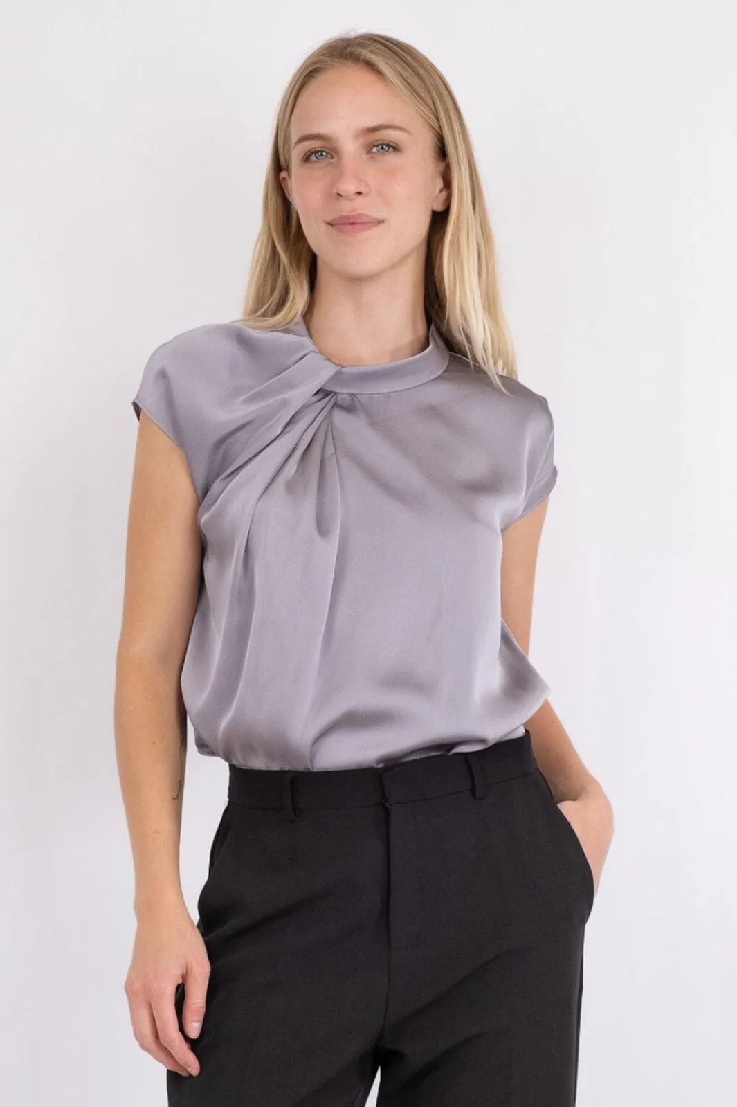 Clearance Neo Noir Fleur Drapy Satin Blouse 130 Grey