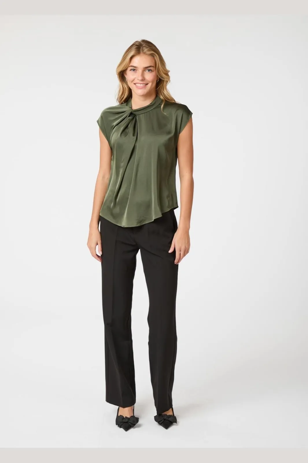 New Neo Noir Fleur Drapy Satin Blouse 160990 Army