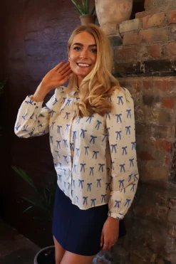 Clearance Liberte Flora Ls Blouse 21598 Creme Blue Bow Hearts