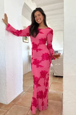 Discount BYIC Floraic Mesh Dress A23862 Fuchsia Pink Flower