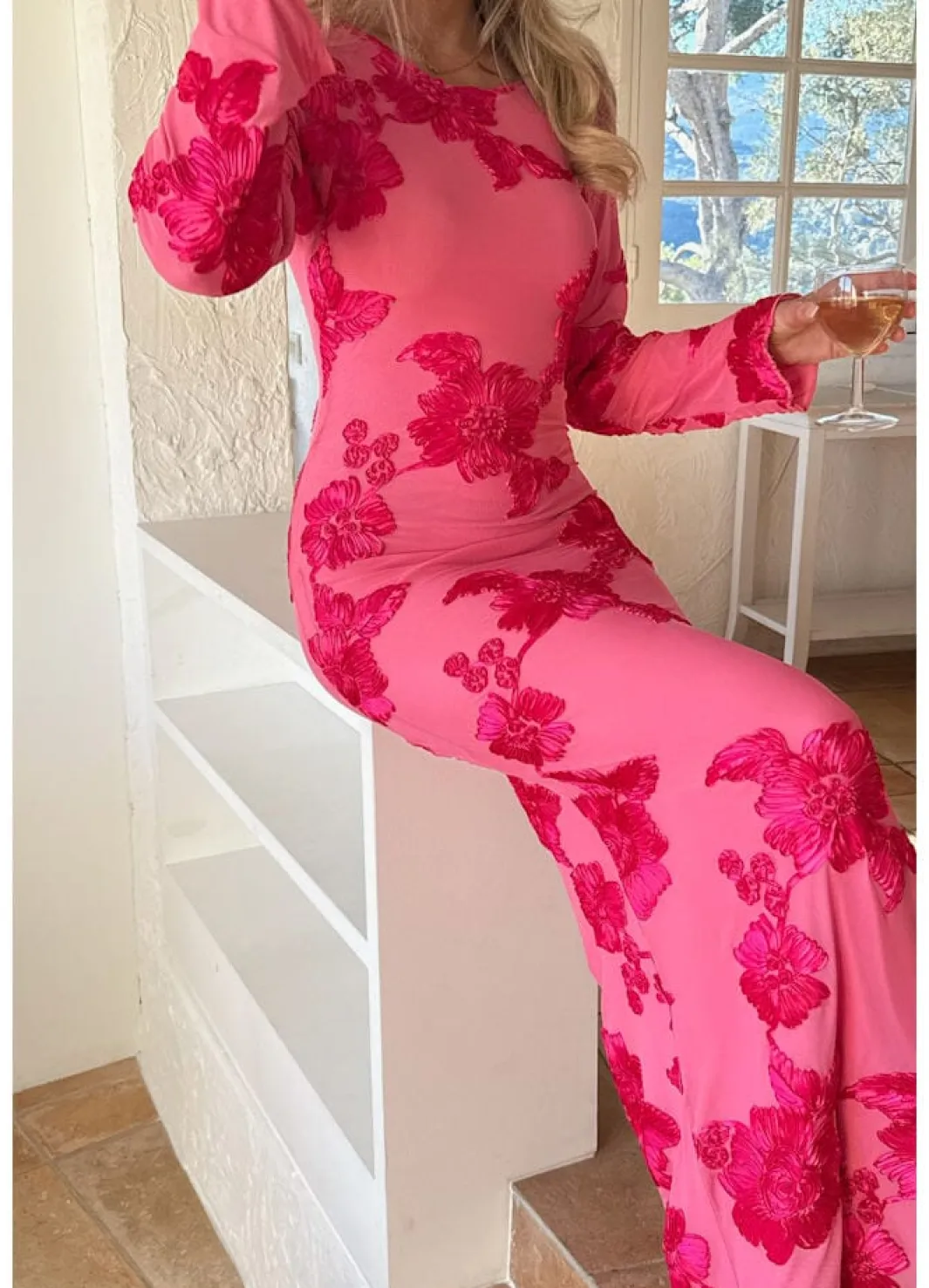Discount BYIC Floraic Mesh Dress A23862 Fuchsia Pink Flower