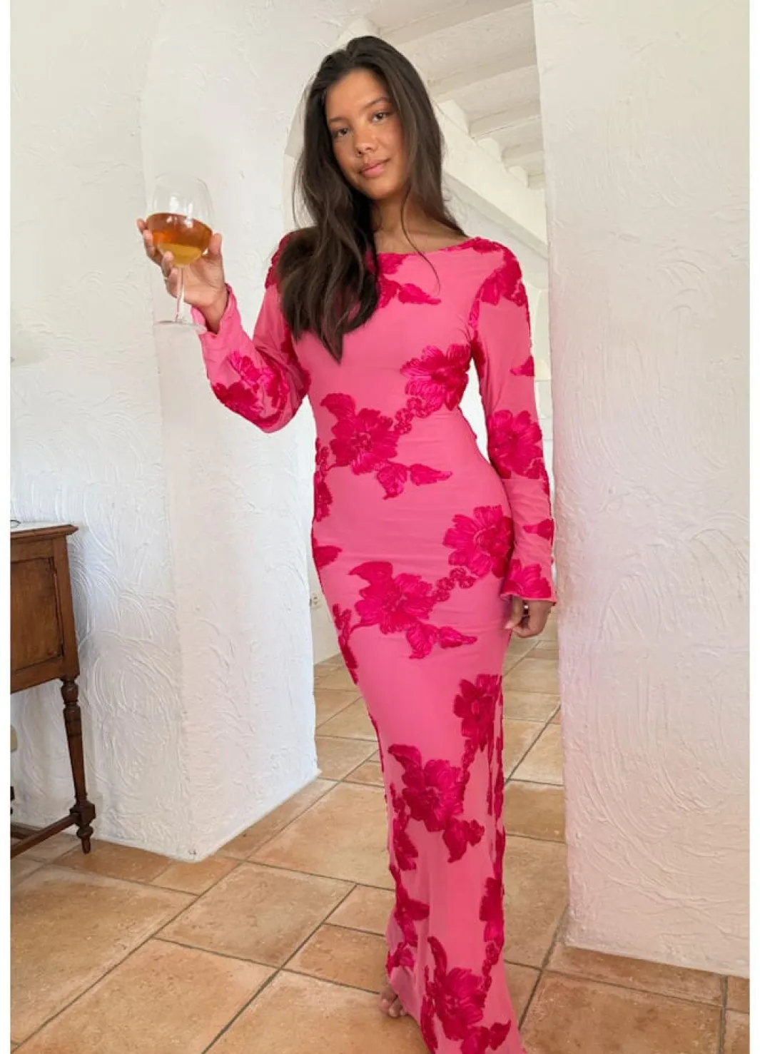 Discount BYIC Floraic Mesh Dress A23862 Fuchsia Pink Flower
