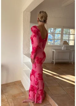 Discount BYIC Floraic Mesh Dress A23862 Fuchsia Pink Flower