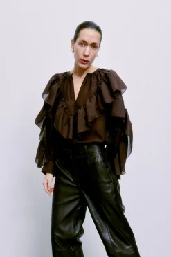 Second Female Fria Frill Blouse 60121 6021 Chocolate Plum