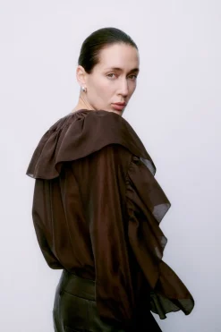 Second Female Fria Frill Blouse 60121 6021 Chocolate Plum