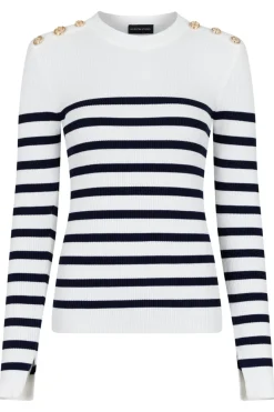 Clearance Valentin Studio Gold Button Knit Blouse Navy Stripe