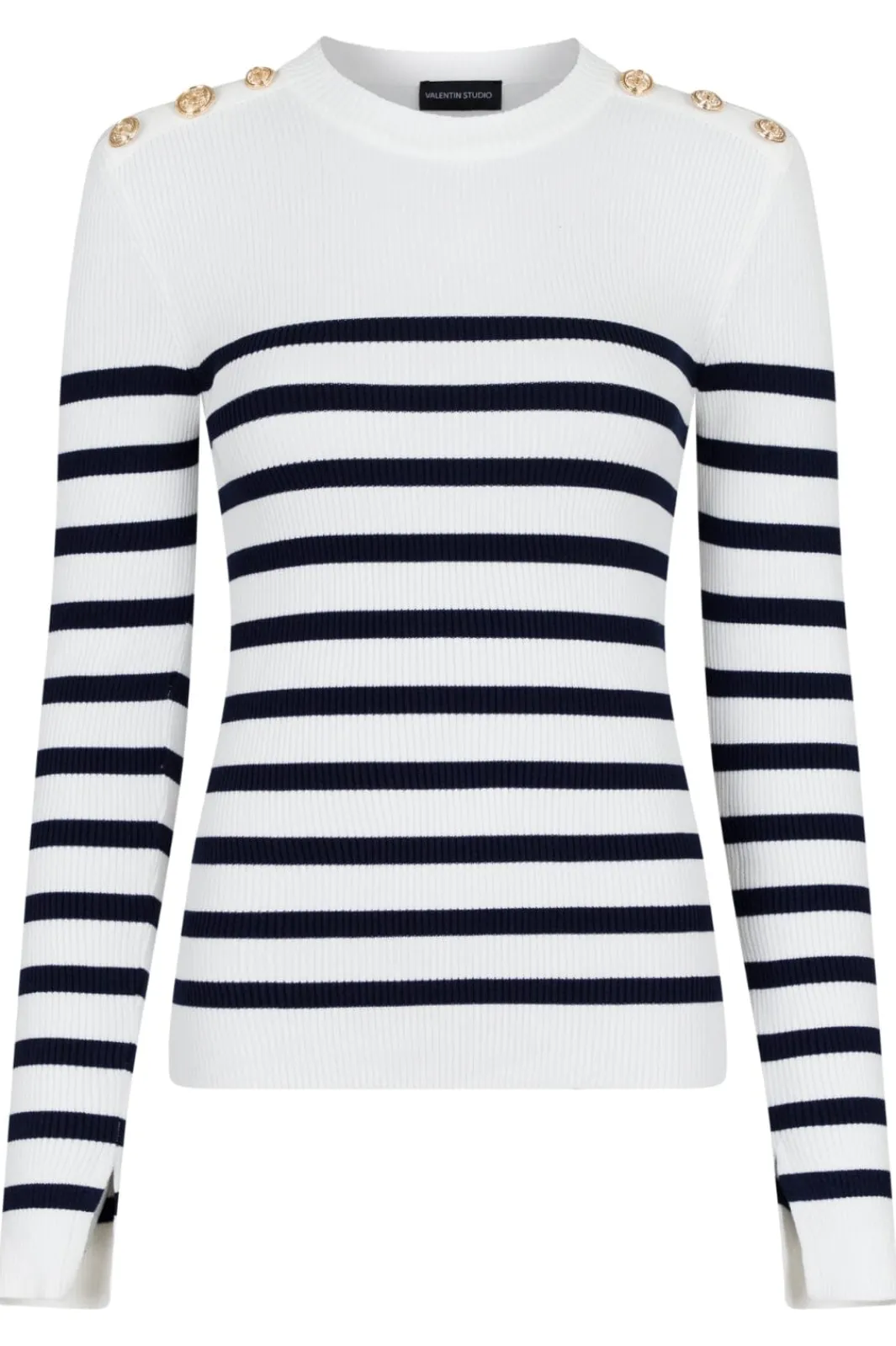 Clearance Valentin Studio Gold Button Knit Blouse Navy Stripe