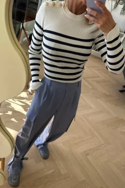 Clearance Valentin Studio Gold Button Knit Blouse Navy Stripe