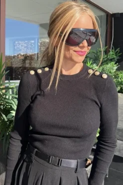 Hot Valentin Studio Gold Button Knit Blouse Black