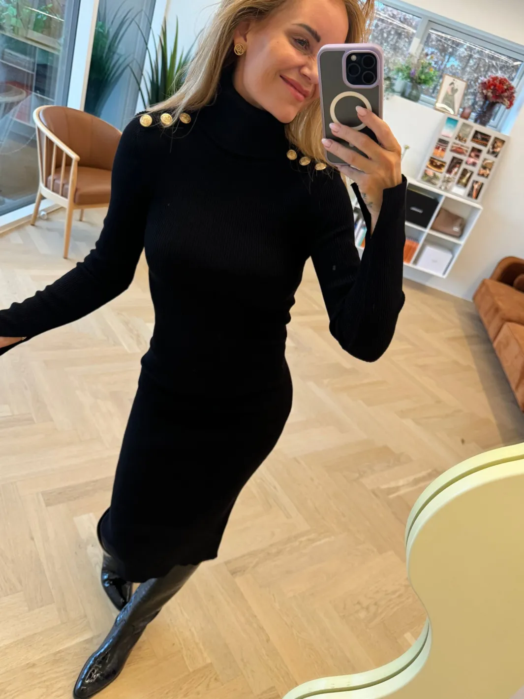 Sale Valentin Studio Gold Button Knit Roll Dress Black