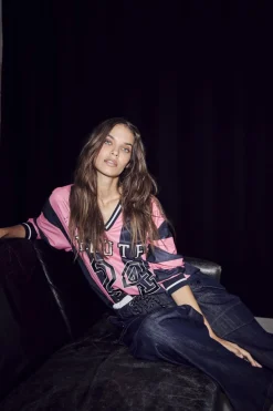New Haute L'Amitié Hl24 Stripe Football Blouse HL10484 Navy/Pink