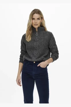 Clearance JDY andrea L/S Zip Cable Pullove Knt 3808118 Dark Grey Melange