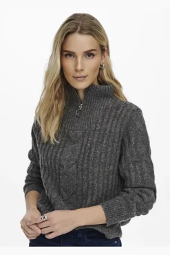 Clearance JDY andrea L/S Zip Cable Pullove Knt 3808118 Dark Grey Melange
