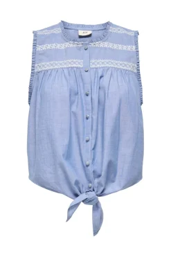 Best JDY bella S/L Emb Knot Shirt 4951536 Faded Denim Cloud Dancer Embroidery