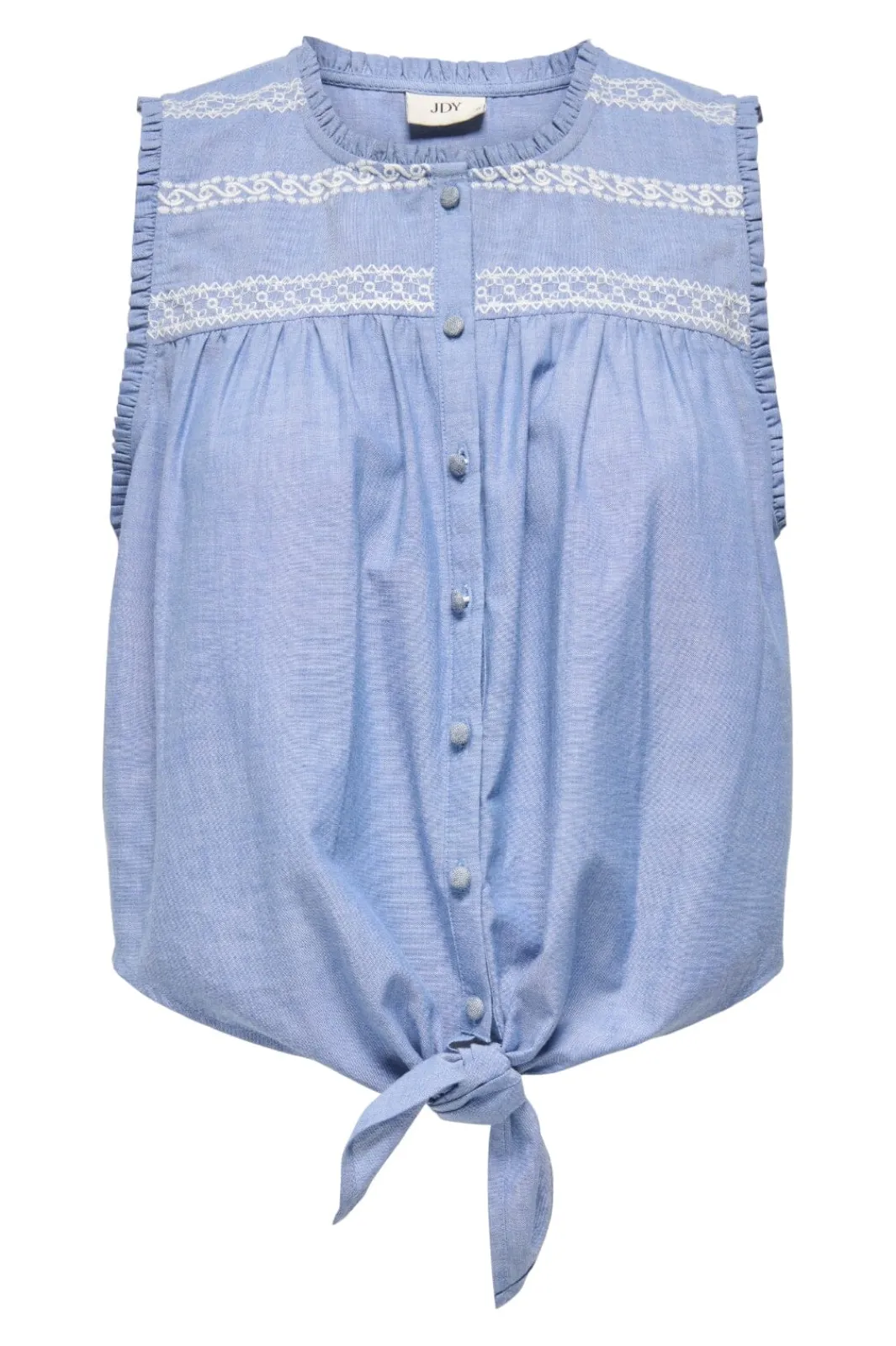 Best JDY bella S/L Emb Knot Shirt 4951536 Faded Denim Cloud Dancer Embroidery
