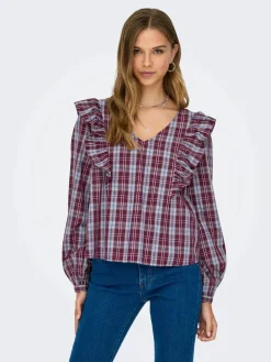 Clearance JDY dolly L/S Check Top 4933633 Fig Black & Total Eclipse
