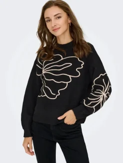 JDY jella L/S Flower Pullover Knt 4907427 Black W. Cement
