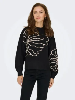 JDY jella L/S Flower Pullover Knt 4907427 Black W. Cement