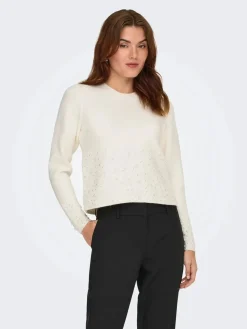 New JDY pearl L/S O-Neck Pearl Pullover Knt 4867973 White Melange W. White Pearls