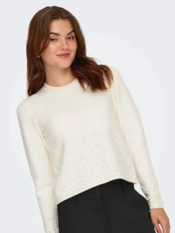 New JDY pearl L/S O-Neck Pearl Pullover Knt 4867973 White Melange W. White Pearls