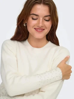 New JDY pearl L/S O-Neck Pearl Pullover Knt 4867973 White Melange W. White Pearls