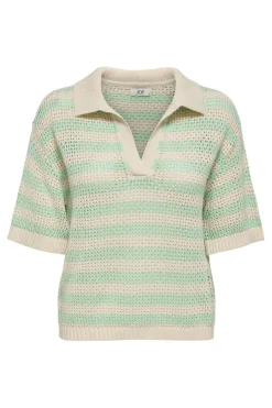 New JDY tikka S/S Polo Pullover Knt 4891513 Birch Birds Egg Green Stripes
